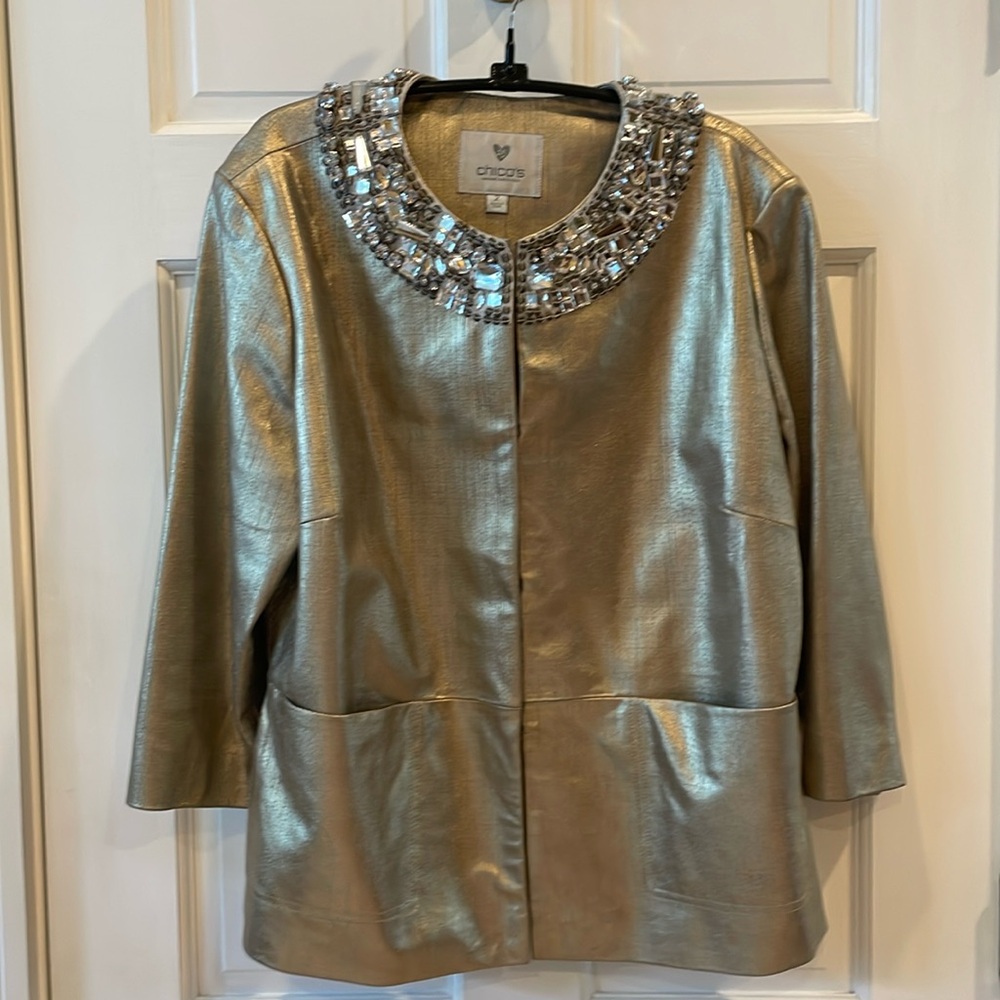 Chico’s Size 2 (12/14) Gold Leather 3/4 Sleeve Jacket. Fully Lined.